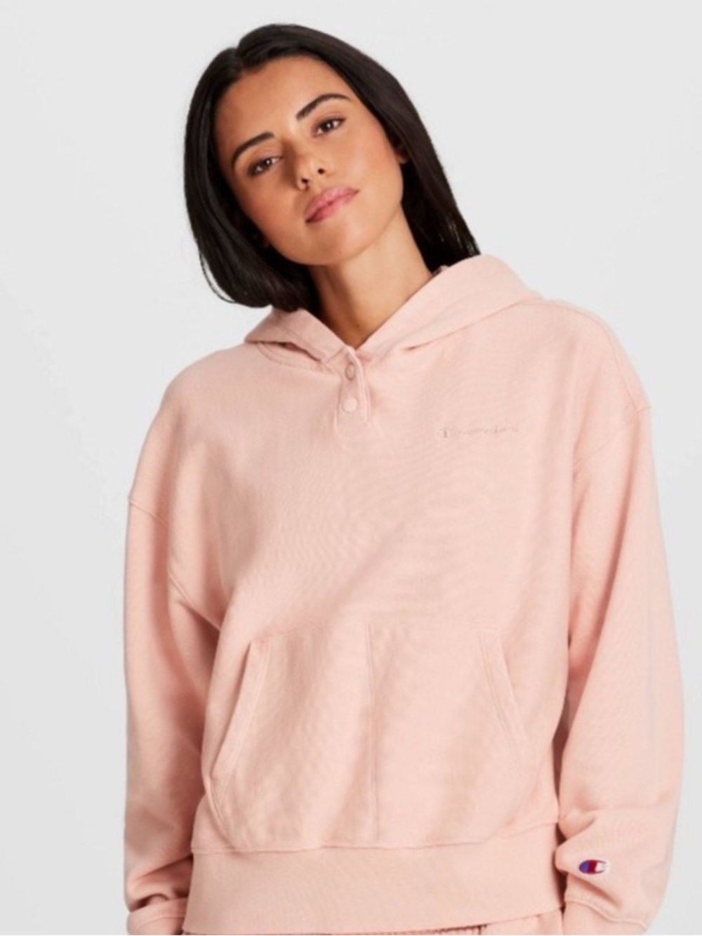 Champion Women's Blush Pink Snap-Neck Hoodie. Active, Coquette, Cozy